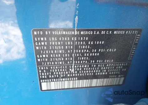 2022 Volkswagen Taos 1.5T Se z USA, uszkodzony, nr VIN 3VVSX7B22NM063568